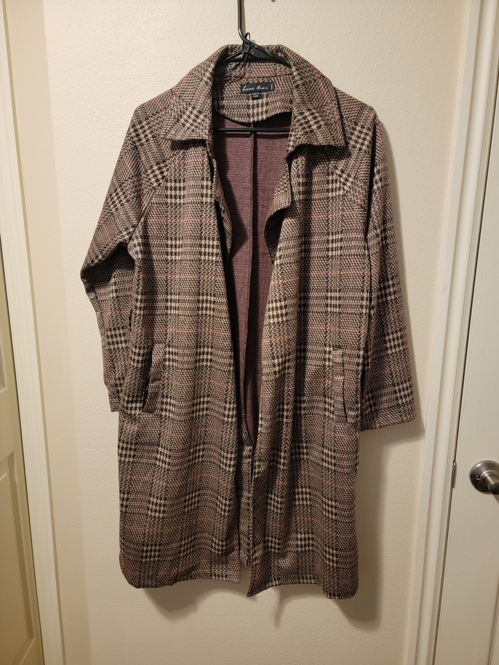 Love Tree- Plaid Open-Front Long Coat - Taupe/Brown- Small